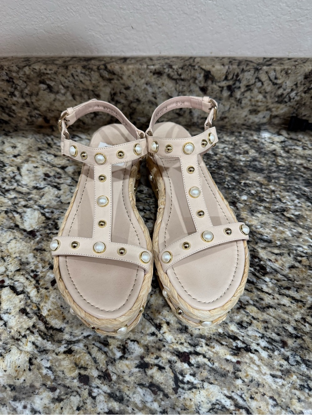 Stuart Weitzman Embellished Beraffia Stud Pearl Platform Sandals